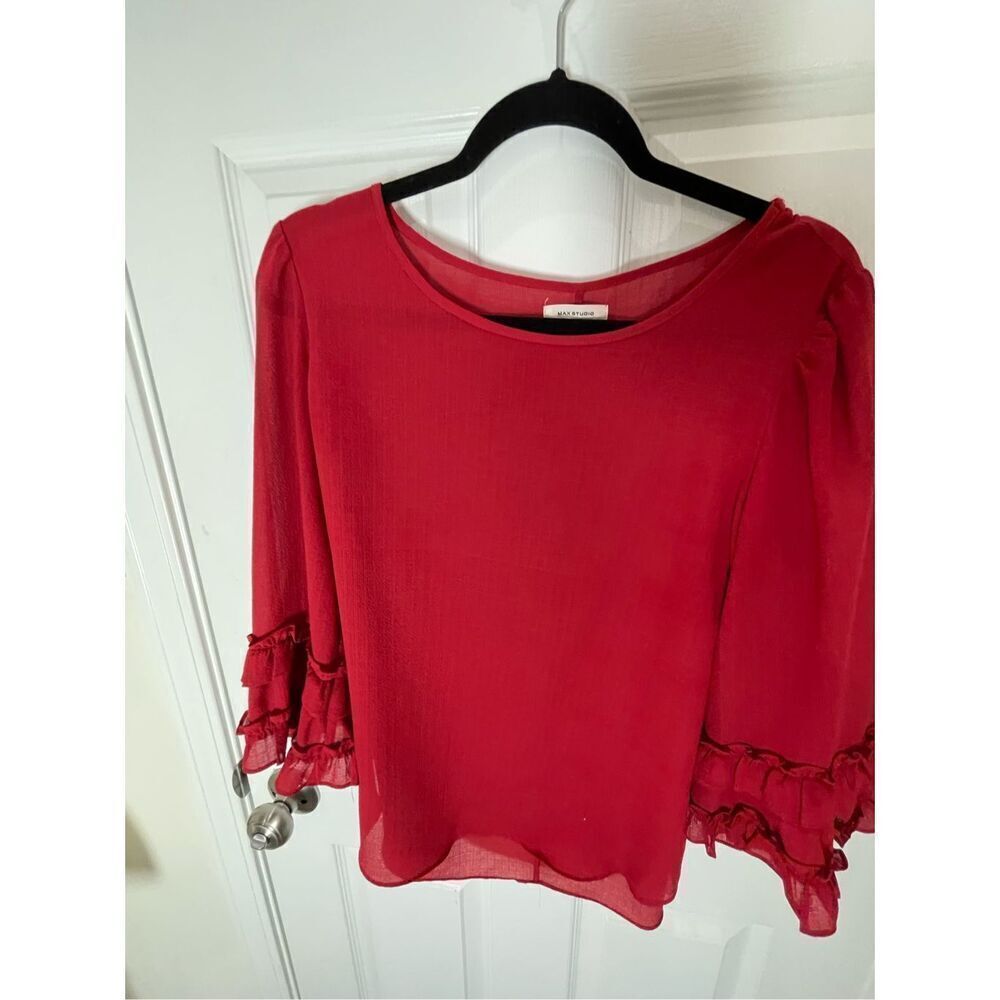 Women’s Red Blouse - Lightweight Ruffle Sleeve Top